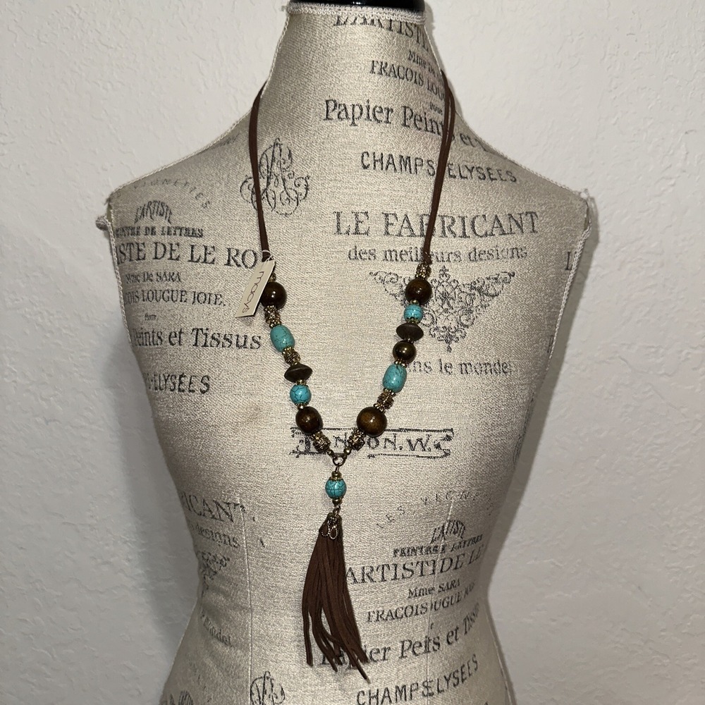 Macys Boho Turquoise Wood Bead Tassel Necklace Suede Cord Western Statement
